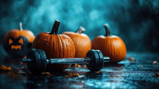 Halloween fitness scene with pumpkins and dumbbells