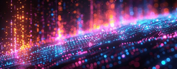 Neon Glowing Data Flow Digital Cyberpunk Background for AI, Neural Networks, Big Data Visualization, and Encryption