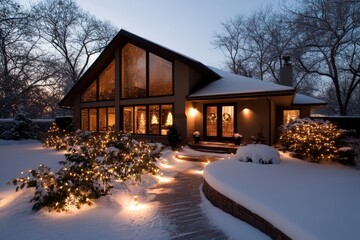 A cozy snow-covered house glows warmly with festive lights and decorations, creating a serene holiday atmosphere against a tranquil winter evening backdrop.