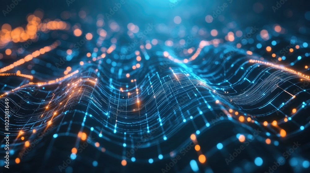Poster a digital abstract background featuring complex data streams, holographic elements, and a high-tech 