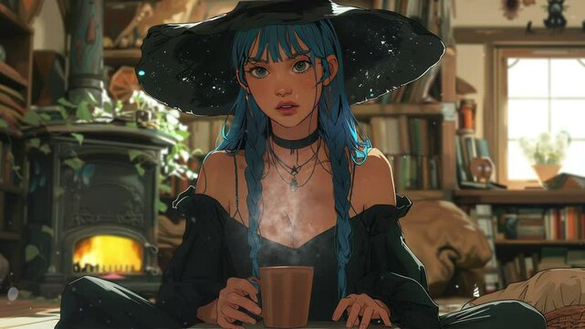A woman with blue hair and a witch hat sitting on the floor with a cup of tea. Loop aniamtio