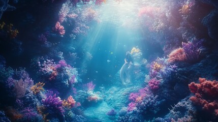 A woman swims through a coral reef, bathed in sunlight.