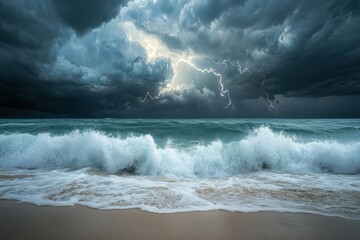 Fototapeta premium A serene yet stormy sea under dark clouds with crashing waves at twilight