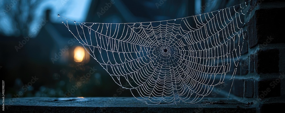 Poster a close-up of an intricate spider web, glistening with dew in the soft evening light, creating a ser