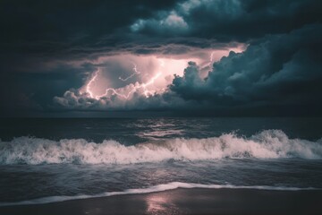 Obraz premium Serene stormy sea with crashing waves under a dramatic sky filled with lightning and clouds