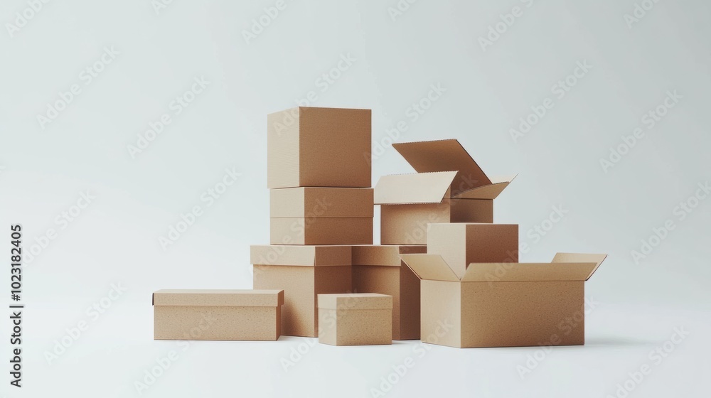 Poster a stack of open and closed cardboard boxes in various shapes and sizes, isolated on a white backgrou