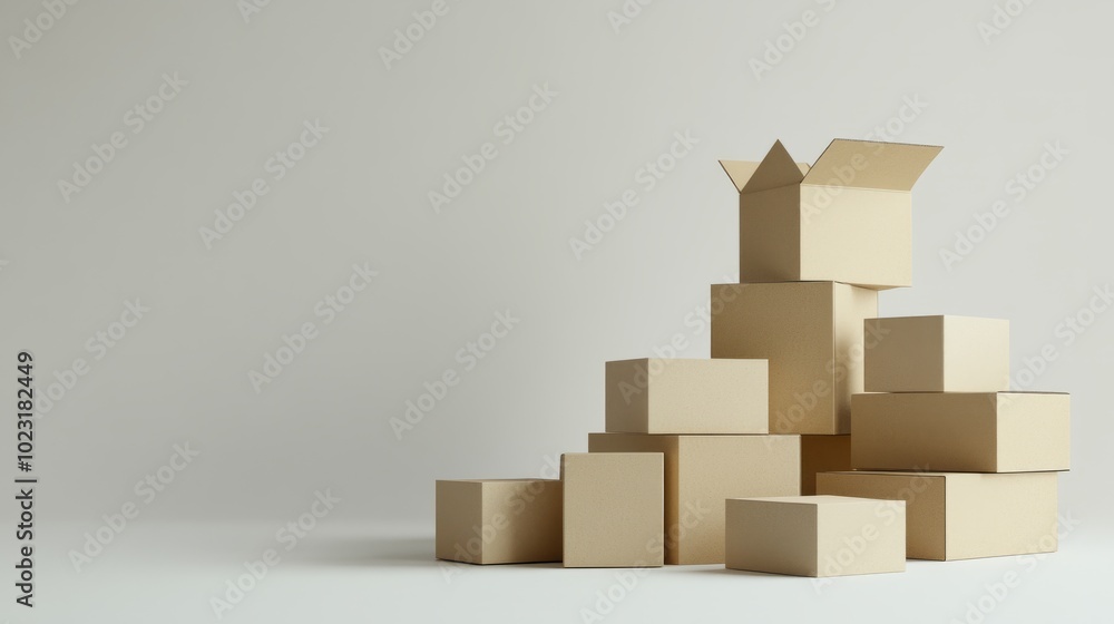Poster a stack of open and closed cardboard boxes in various shapes and sizes, isolated on a white backgrou