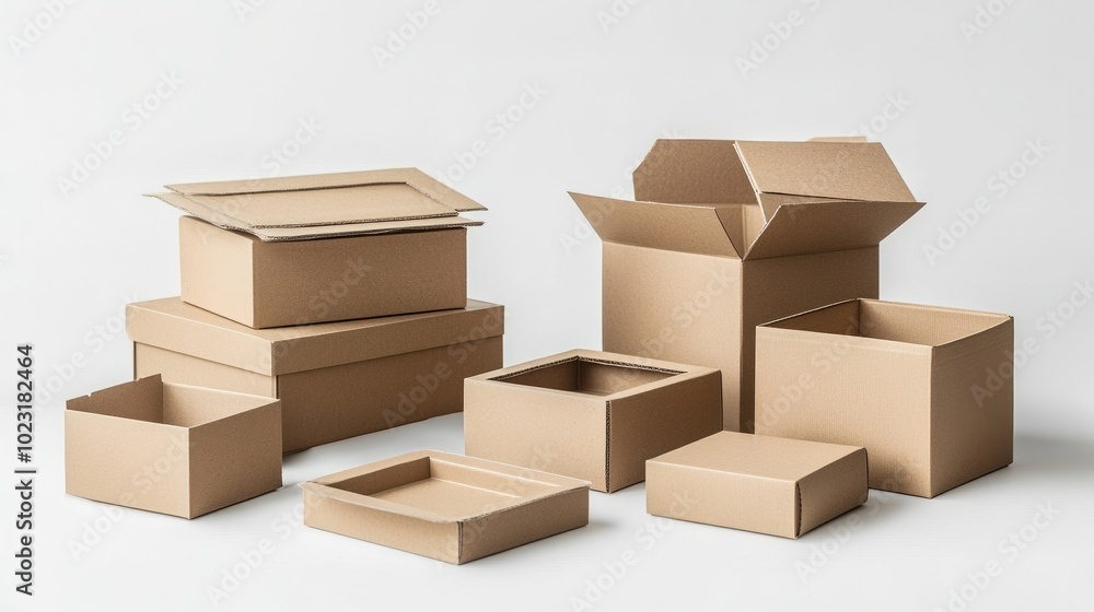 Poster a stack of open and closed cardboard boxes in various shapes and sizes, isolated on a white backgrou