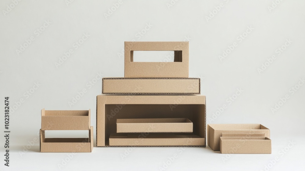 Poster a stack of open and closed cardboard boxes in various shapes and sizes, isolated on a white backgrou