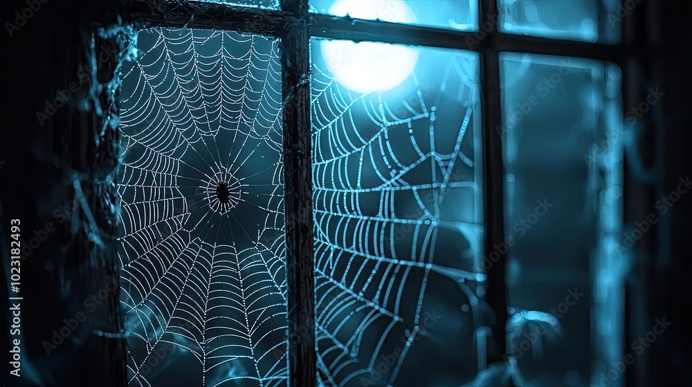 Poster a haunting spider web glistens in the moonlight through a dusty window, creating an eerie yet beauti