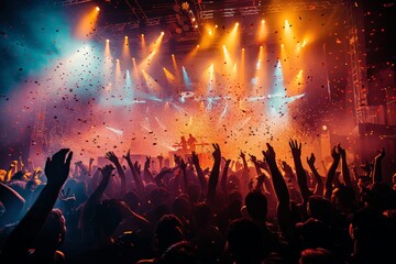 Excited crowd at concert with bright lights and confetti, dancing silhouettes at night club or music festival