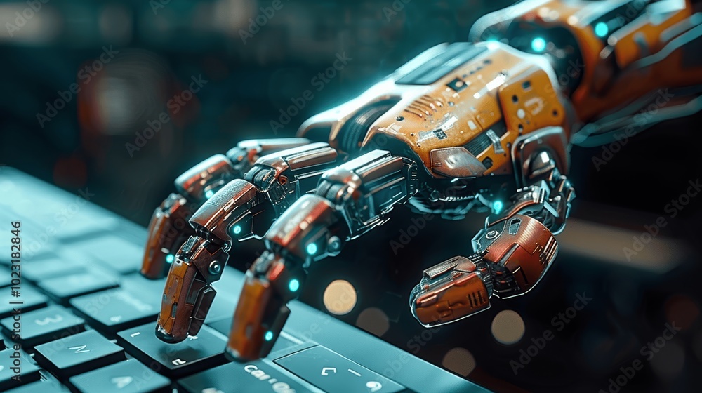 Poster robot hand touching laptop keyboard ai technology concept digital analysis artificial intelligence d