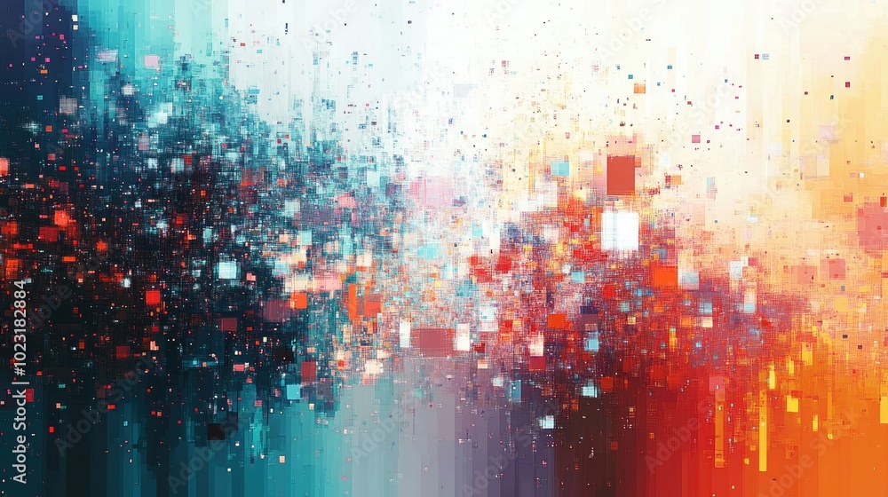 Poster a digital abstract background with pixelated shapes and data streams, evoking themes of technology a