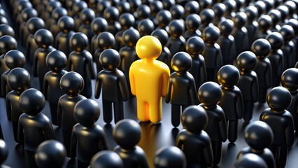 Obraz premium Unique yellow figure standing out in a sea of black, symbolizing individuality and leadership, individuality, leadership