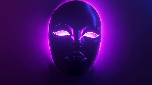 A black mask with neon pink eyes and halo glow.