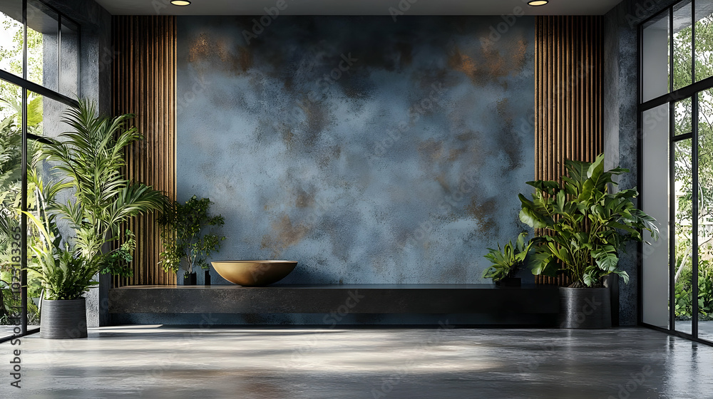 Wall mural Modern interior space with a textured wall and lush plants.