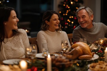 A diverse family shares laughter and joy around a festive dinner table, surrounded by delicious food and a beautifully decorated Christmas tree in the background.