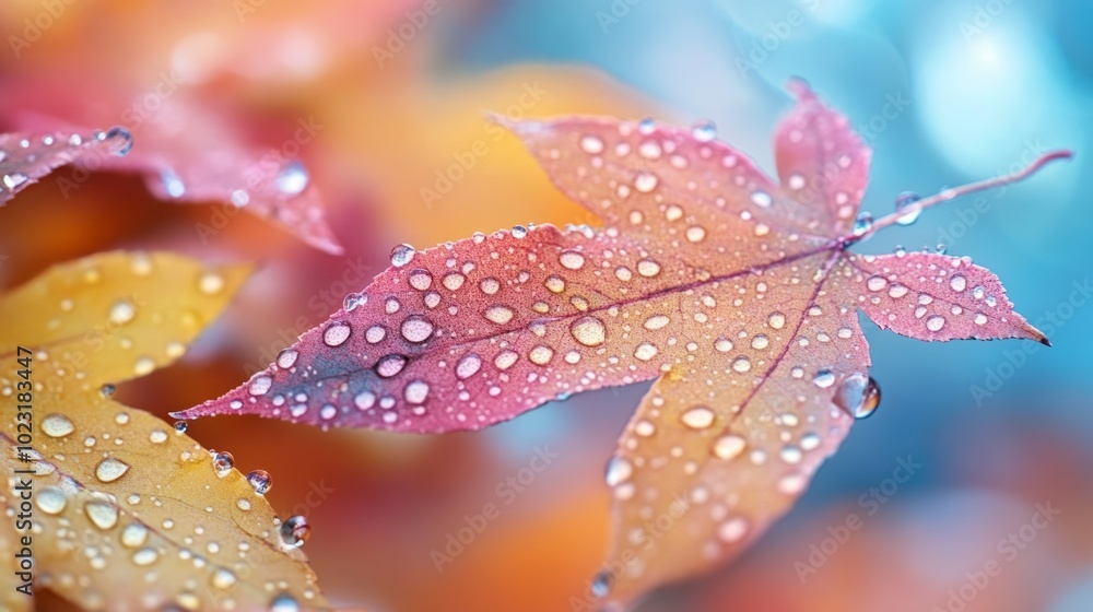Poster a leaf with raindrops on it