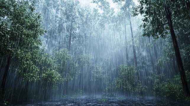 A dramatic rainstorm over a dense forest, with heavy rain falling and mist rising from the trees.