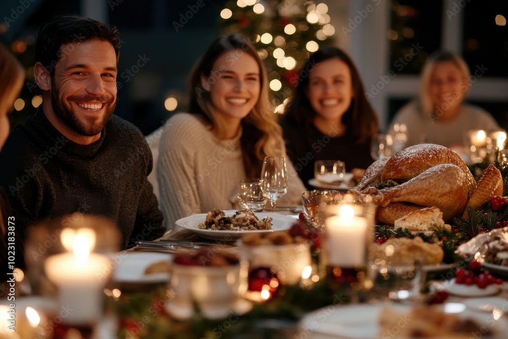 Wall mural a group of friends sits at a warmly decorated dinner table, sharing smiles and a delicious turkey me