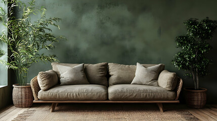 Cozy living room with a green wall and comfortable sofa.