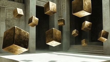 A surreal scene featuring floating golden cubes in a grand architectural space.
