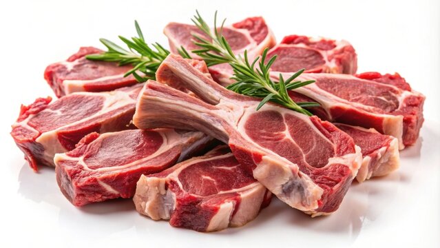 Fresh raw lamb chops or mutton cuts closeup isolated on white background , sheep, meat, cutlet, bone, fresh