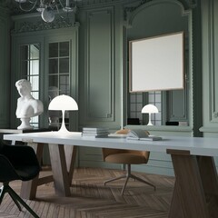 modern classic home office interior background with desk and chair. poster mockup. 3d rendering