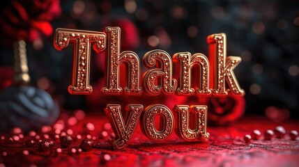 Thank you golden text on red background. Calligraphy lettering on gold glitter confetti template for wedding thank you cards, tags, banners, posters, labels, textiles, invitation and greeting card