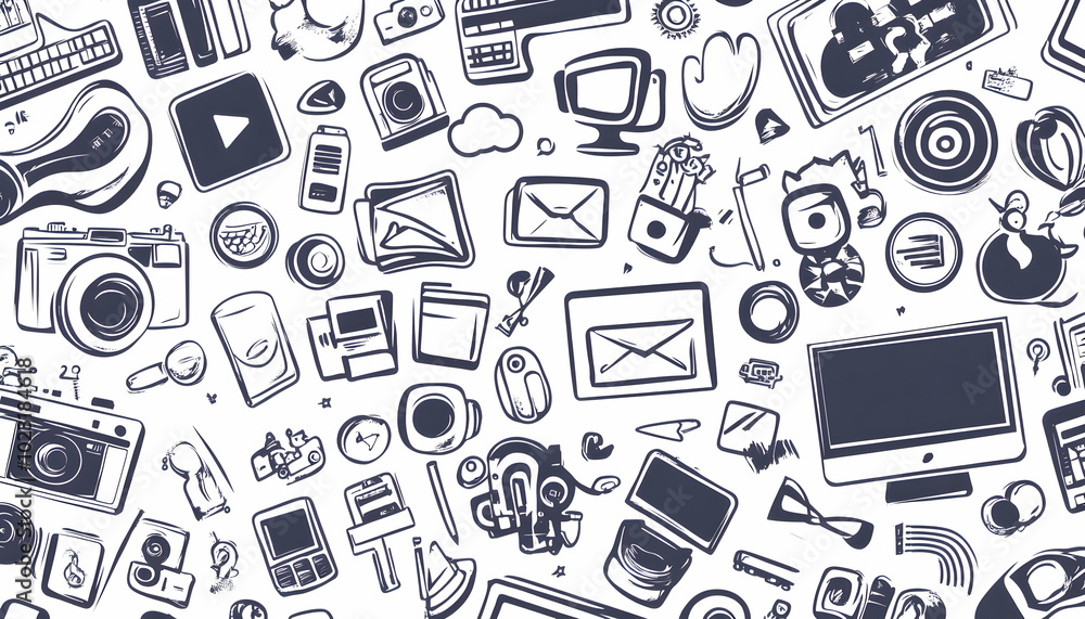 Poster a seamless pattern with hand-drawn doodles of everyday technology and objects, including a computer,