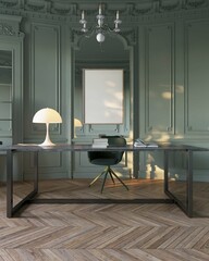 modern classic home office interior background with desk and chair. poster mockup. 3d rendering