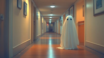 A ghostly figure stands in a hallway with a white sheet draped over its body