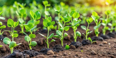 Obraz premium Pea shoots planted in neat rows in a vegetable garden , agriculture, cultivation, vegetables, gardening, summer house
