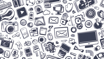 A seamless pattern with hand-drawn doodles of everyday technology and objects, including a computer, phone, camera, email, and coffee cup.