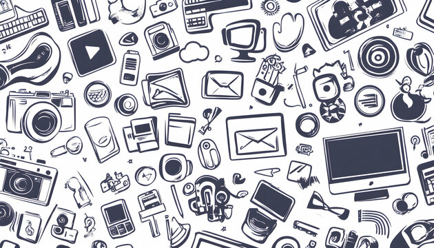 A seamless pattern with hand-drawn doodles of everyday technology and objects, including a computer, phone, camera, email, and coffee cup.