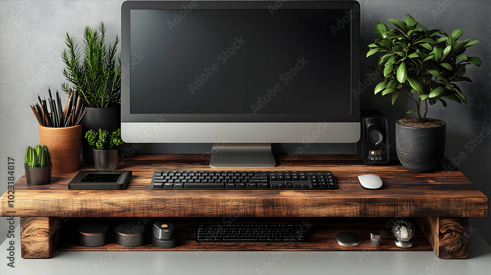 Poster 3d vector image of iconic monitor and desk organizer isolated on white background - perfect for illu