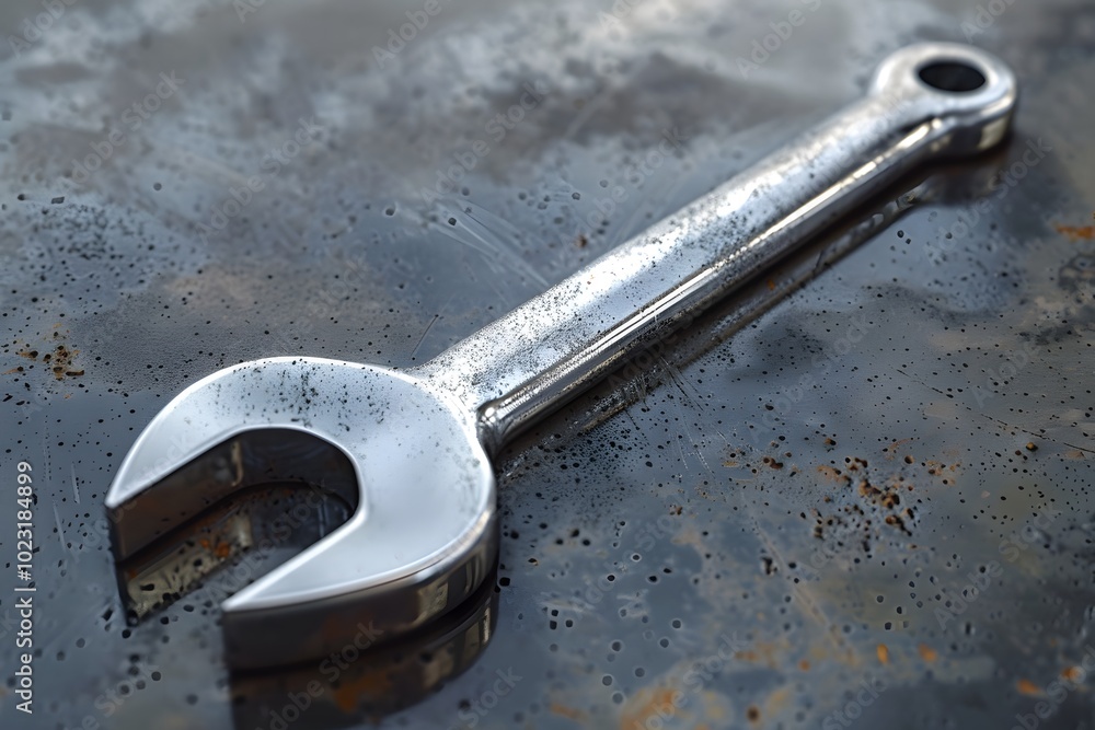 Poster shiny open-end wrench on a rustic surface