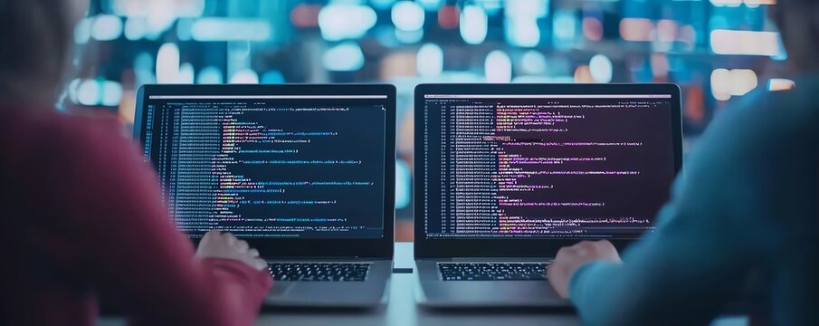 Two people coding on laptops in a modern workspace.