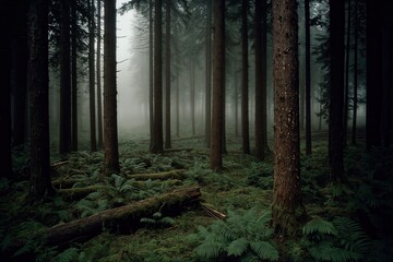 Enchanted Misty Forest with Tall Pine Trees and Lush Green Ferns
