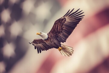Fototapeta premium Eagle soaring majestically against a backdrop of waving stars and stripes in the sky