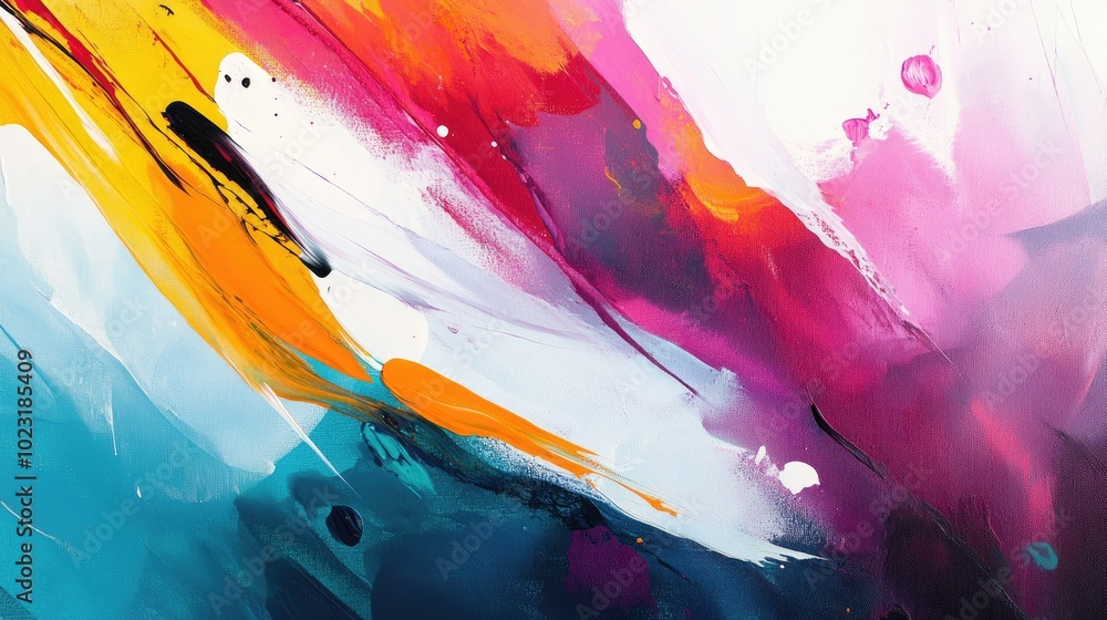 Poster a dynamic abstract background with vibrant splashes of paint and irregular shapes that seem to dance