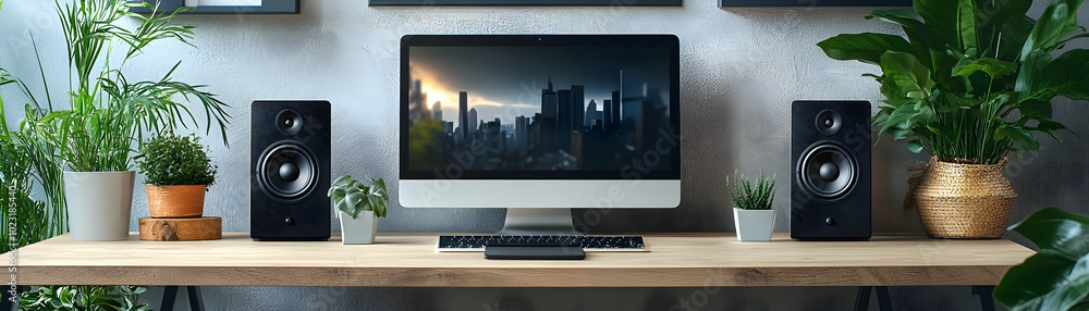 Poster desktop speaker and notebook isolated - vector image depicting technology in a creative home office 