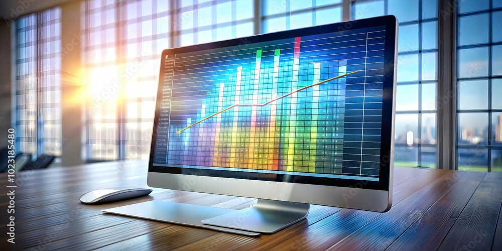 Poster glossy desktop monitor showcasing floating holographic loan documents and interest rate graphs - pro