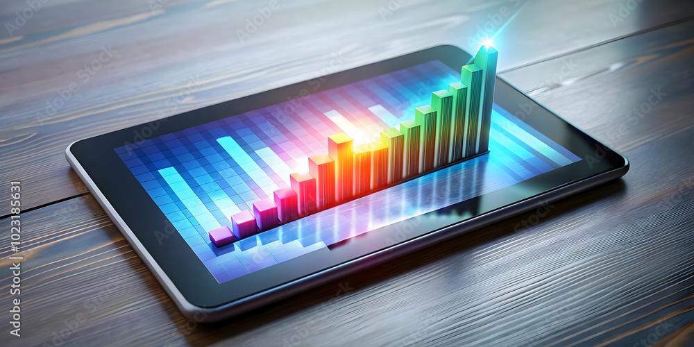 Poster high angle shot of glossy tablet displaying floating holographic bar charts and dollar signs on whit