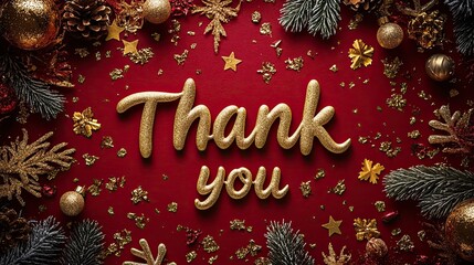 Thank you golden text on red background. Calligraphy lettering on gold glitter confetti template for wedding thank you cards, tags, banners, posters, labels, textiles, invitation and greeting card