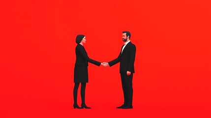 Fototapeta premium Two business professionals shaking hands against a vibrant red background.