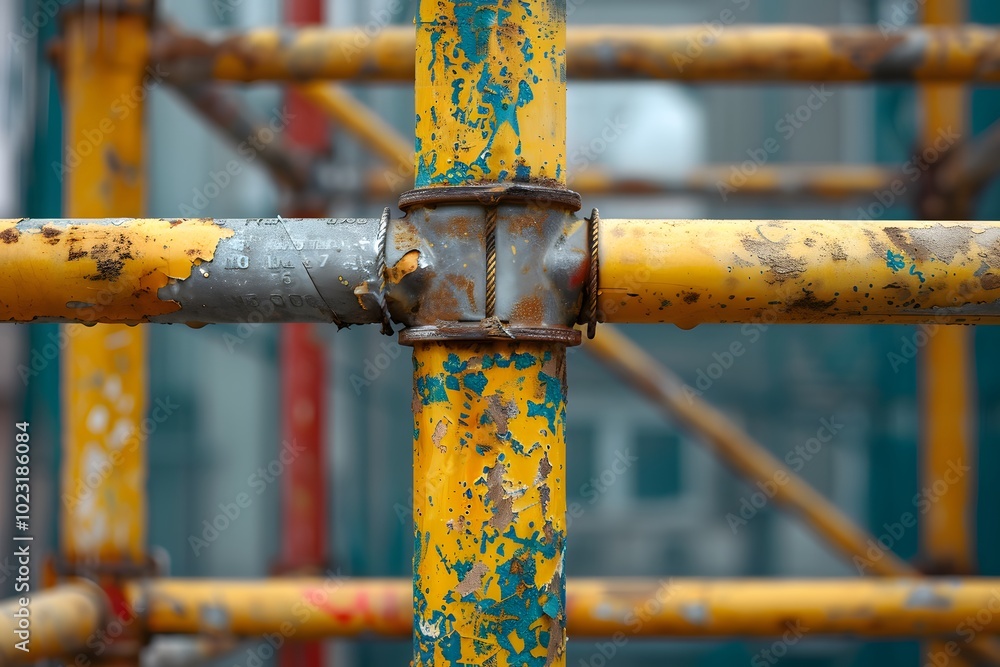 Poster close-up of weathered yellow scaffolding with rusty joints