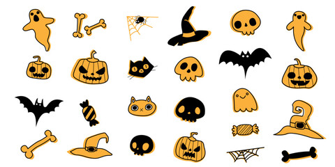 Fototapeta premium Halloween doodle decoration elements set. Ghost, bat, spider web, pumpkin, bone, cat, witch hat. October holiday decorations, spirit characters. Kids flat vector illustration isolated on white.