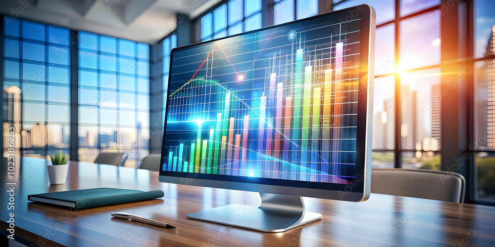 Poster glossy desktop monitor displaying floating holographic loan documents and interest rate graphs - cle