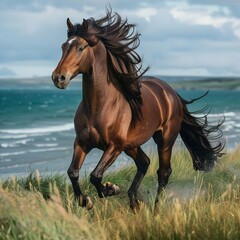 Obraz premium A magnificient brown horse on sea site.